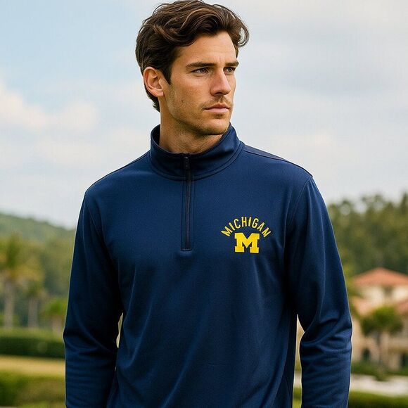 Champion Navy Blue Michigan Quarter-Zip Pullover Size Large - Picture 2 of 13